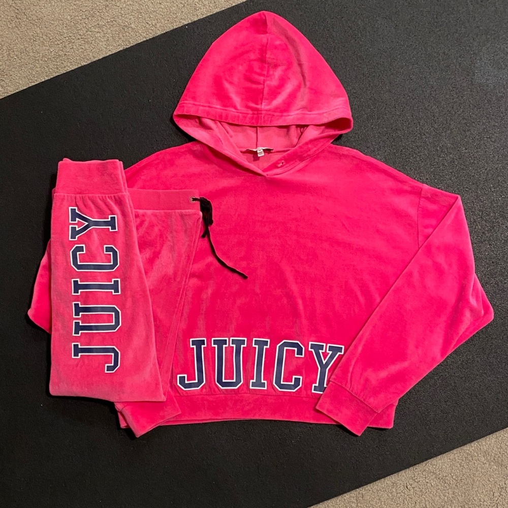Juicy Couture hoodie + joggers tracksuit in hot pink velour with collegiate logo